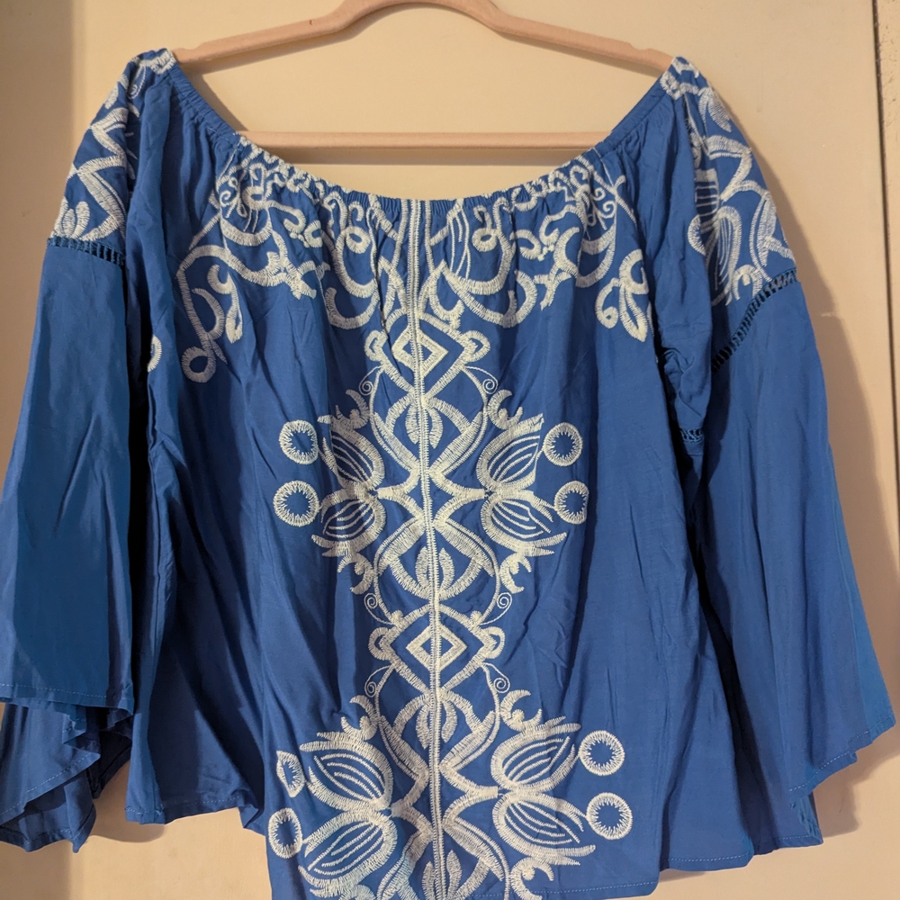 New York & Company Blue Off-Shoulder Blouse with White Embroidery